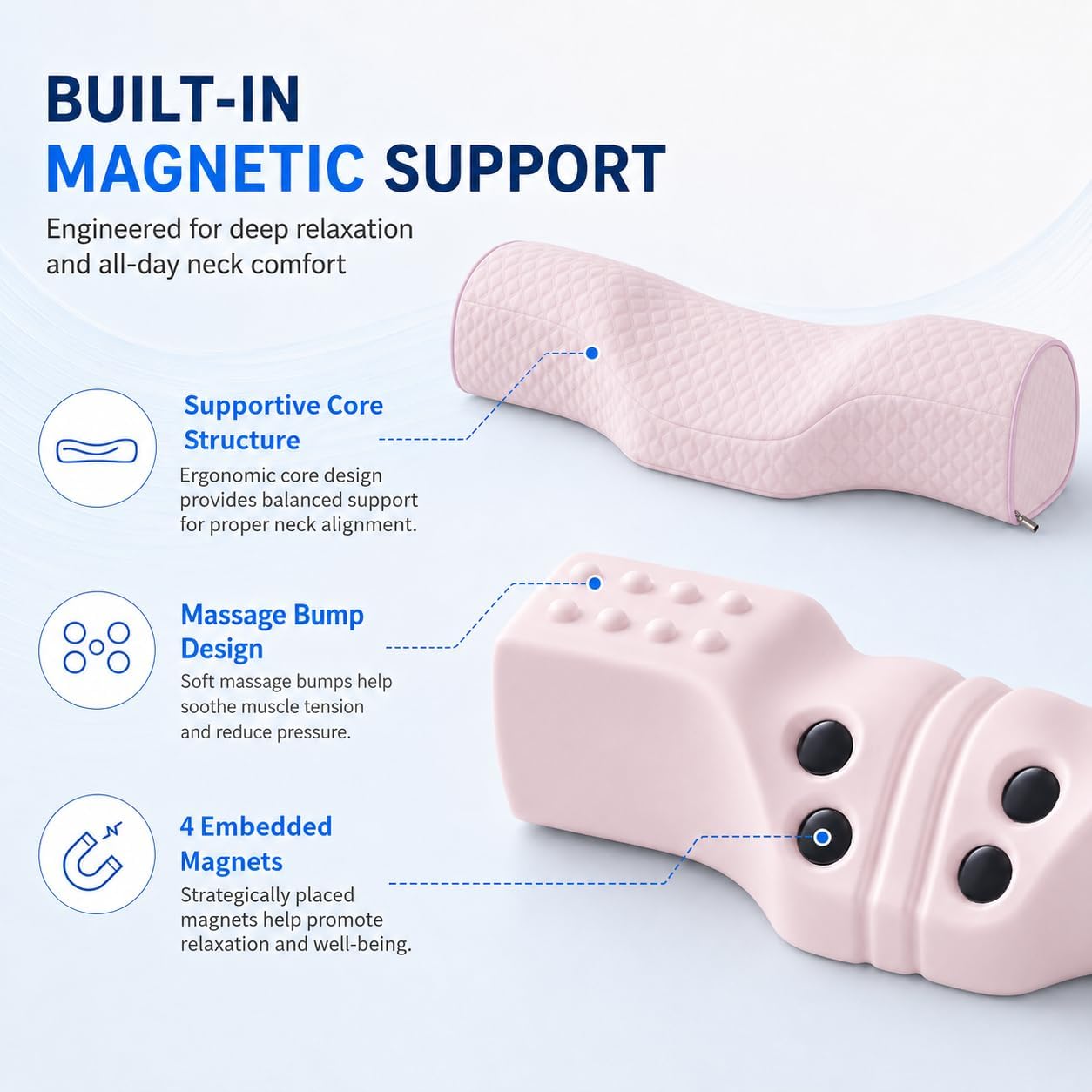 Cervical Neck Pillow, Memory Foam Neck Bolster for Sleeping, Washable Cover | polyester cover, slow rebound foam, magnet filling, raised dot texture, removable washable case, bed office chair travel