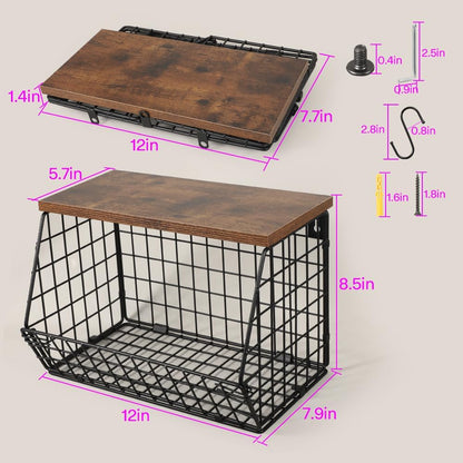 Picowe Laundry Room Shelves Wall Mounted, Metal Basket with Wood Lid (S) | Stackable & wall-mountable. Rust-resistant steel. Wooden top stores dryer sheets & lint rollers. Fits over washer/dryer.