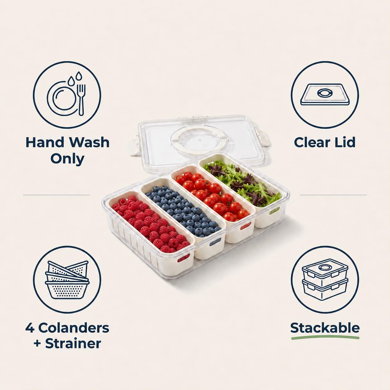 [Hand Wash Only] Salad Bar Containers for Fridge, Veggie Containers for Refrigerator, Salad Prep Containers for Fridge, Veggie Tray with Lid, Storage & Organizer for Fruit, Berry, Produce Keeper
