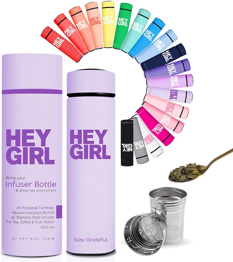 Hey Girl Tea Infuser Bottle 450ml - Insulated Stainless Steel Water Bottle - Tea Tumbler with Tea Diffuser - Portable Travel Mug for Loose Leaf Tea & Infused Water - Tea Lovers Gifts for Women (Pink)