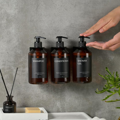 Shampoo and Conditioner Dispenser Set of 3 for Wall Mount | 16.9 fl oz Drill Free Shower Soap Bottles,Refillable Body Wash Dispensers for Bathroom Decor (Amber Bottles + Bamboo Pumps)