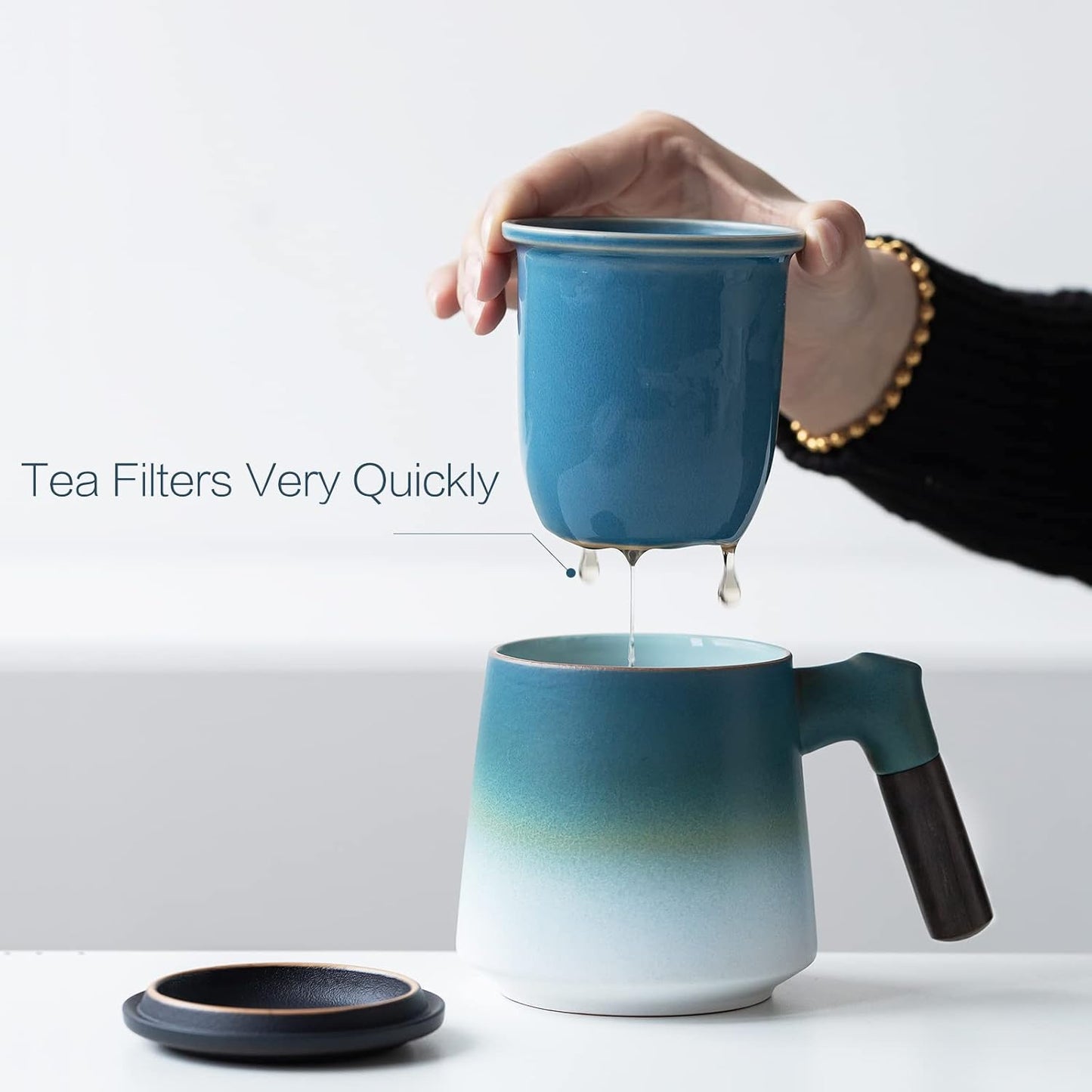 ZENS Tea Cup with Infuser and Lid & Coaster for Tea Steeper, 15oz Blue | Embossed Ceramic Tea Infuser Mug for Loose Leaf Tea Difussers, Tea Lovers Gifts, Nature Wood Handle