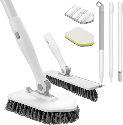 nacena Shower Scrubber with Long Handle, 4 in 1 Tile Tub Scrubber Brush with 3 Detachable Cleaning Heads and V-Shaped Grout Brush Shower Cleaner Brush for Bathroom Kitchen Toilet Tub Sink Wall, Black