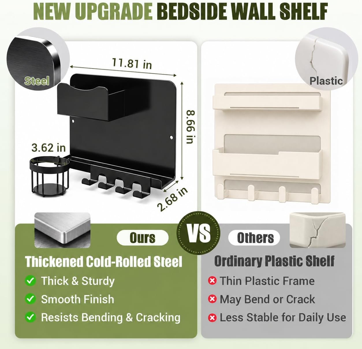 Floating Bedside Wall Shelf, Metal Bedside Wall Organizer with Detachable Cup Holder, No Drill Wall Mounted Storage for Bedroom, Dorm, Loft Bed, Bunk Bed & Small Space Organization
