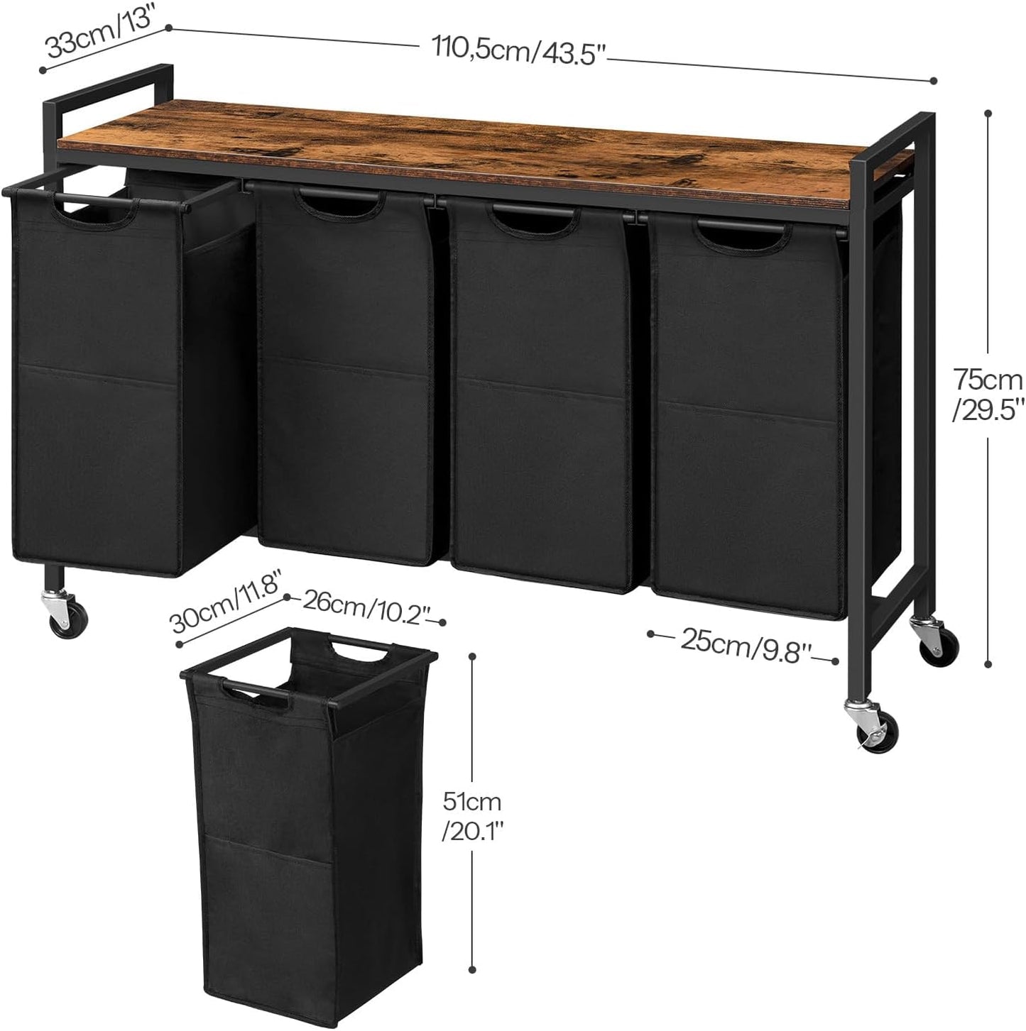 HOOBRO Laundry Sorter 4 Sections, Laundry Hamper with Wheels, 4 × 10.5 Gal (39.8L), Rolling Laundry Basket, Pull-Out and Removable Oxford Fabric Bags, Greige and Black BG04XY01