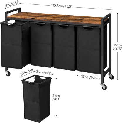 HOOBRO Laundry Sorter 4 Sections, Laundry Hamper with Wheels, 4 × 10.5 Gal (39.8L), Rolling Laundry Basket, Pull-Out and Removable Oxford Fabric Bags, Greige and Black BG04XY01