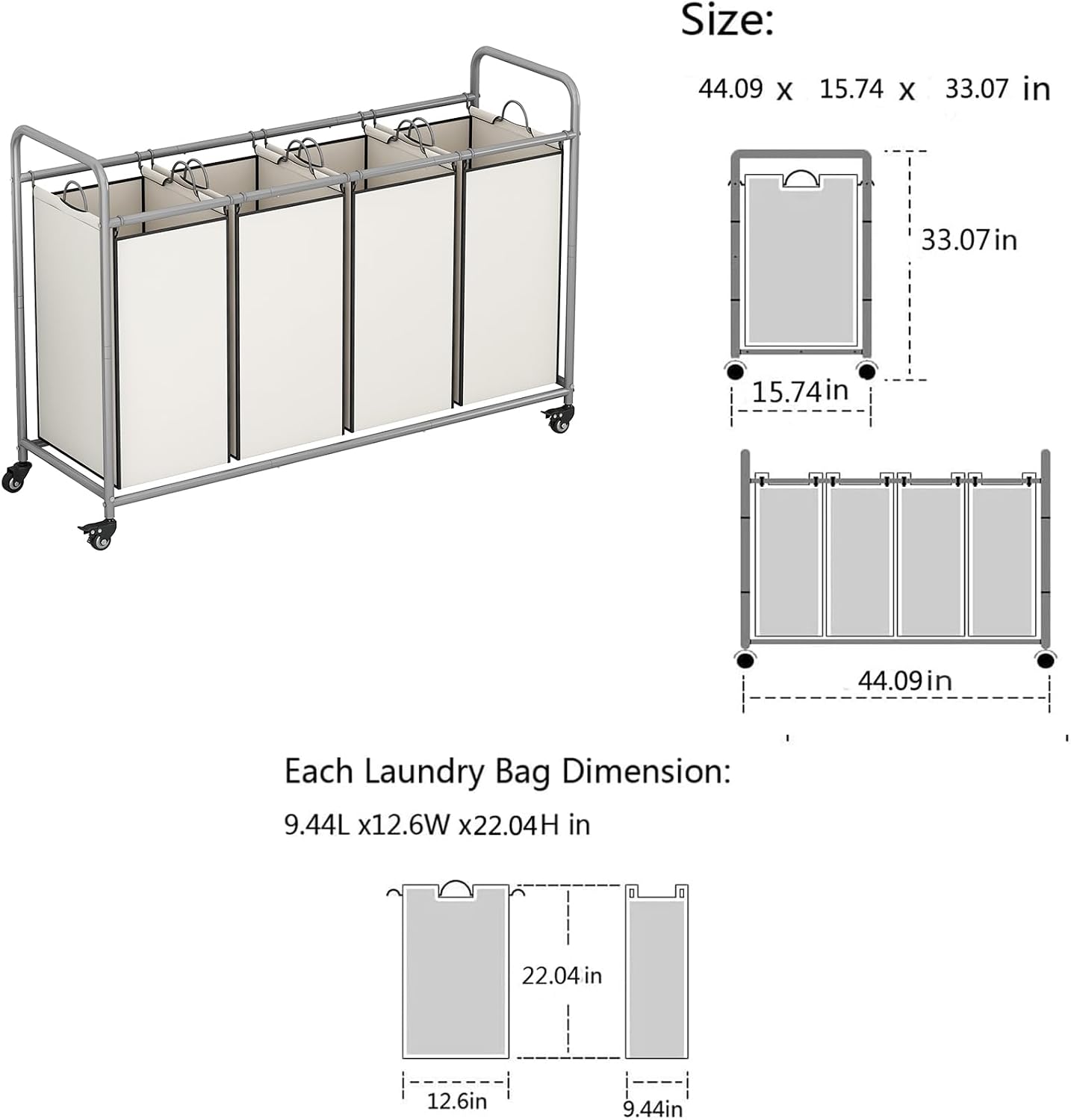 LINZINAR 3 Section Laundry Hamper, Black Laundry Basket 135L Laundry Sorter | Laundry Room Organization with Heavy Duty Rolling Lockable Wheels and Removable Bag, Bedroom Laundry Cart for Clothes Storage