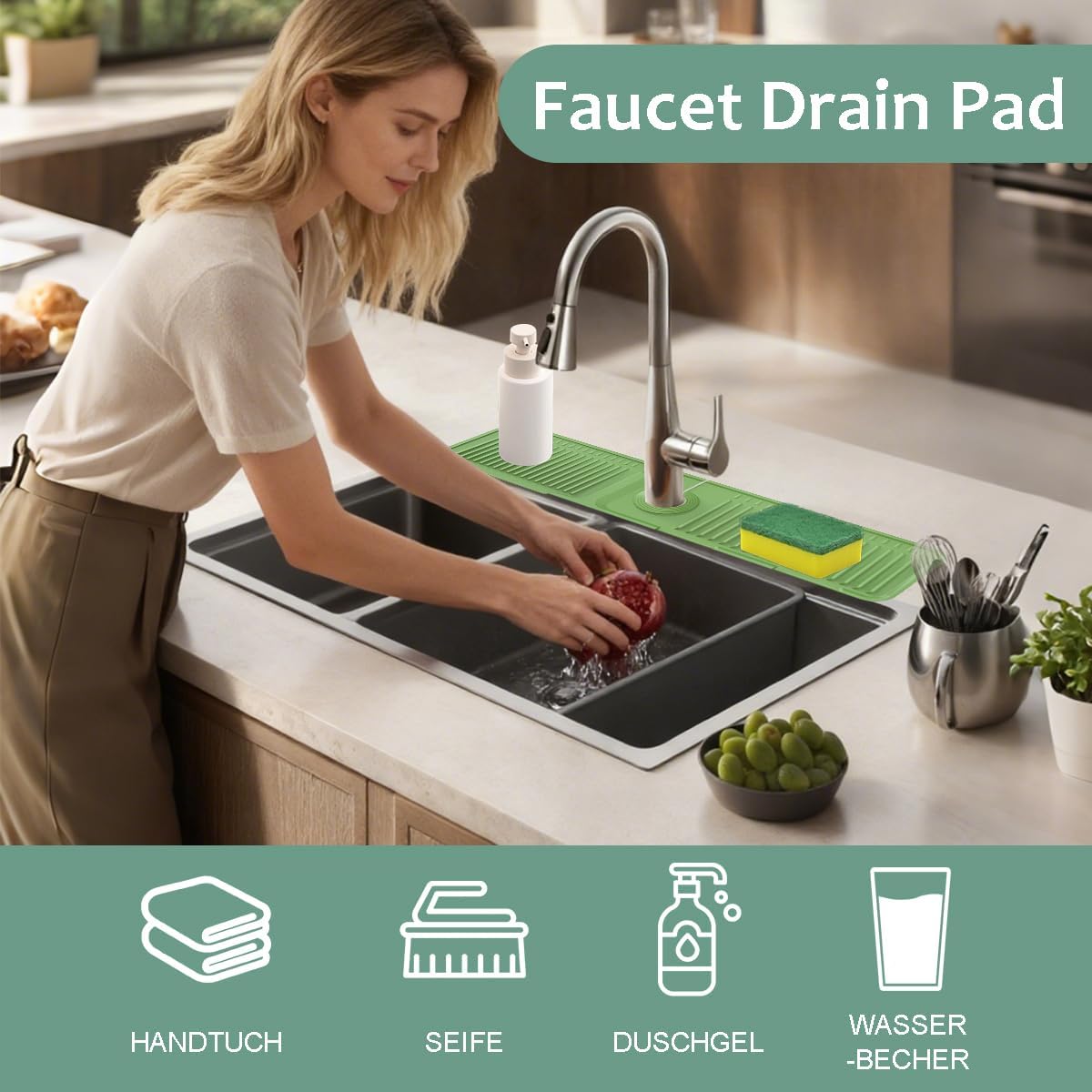 24 Inch Upgraded Draining Mat Folding faucet Mat for Bathroom Sink Splash Guard 7° Slope with Button Lock Water Draining Pad for Kitchen Bathroom Bar(Pink)