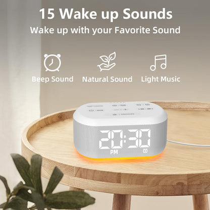 White Noise Alarm Clock Sound Machine for Bedroom Small Brown Noise Machine with 30 Soothing Sound Plug in Bedside Clock with NightLight Battery Backup 15 Wake up Sound Clock for Kids Heavy Sleeper
