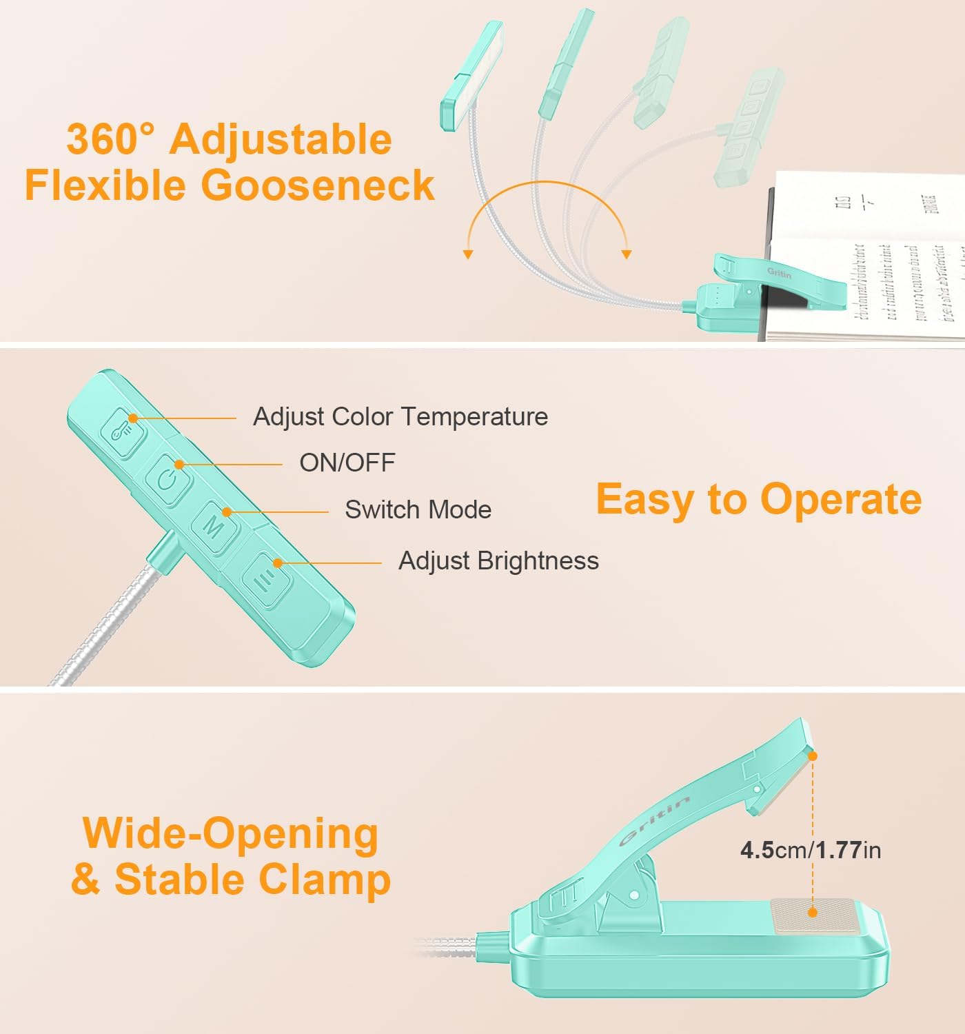 Gritin 2026 Gen 2 Book Light for Reading- 32 Eye Caring Full Spectrum LED | 5 Colors & 5 Brightness, Adjustable Wide/Narrow Beam, Upgrade 1500mAh Long-Lasting Rechargeable Clip on Light for Book Lovers