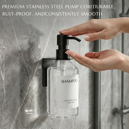 Shampoo and Conditioner Dispenser Set of 3 for Wall Mount | 16.9 fl oz Drill Free Shower Soap Bottles,Refillable Body Wash Dispensers for Bathroom Decor (Amber Bottles + Bamboo Pumps)