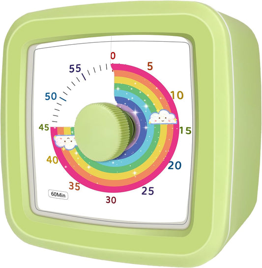 Visual Timer for Kids 60 Minute Countdown Clock – Silent Cube Timer with Rainbow Cloud Design, Plastic Kids Visual Timer, Toddler Timers for Classroom Home Kitchen Study Tools, Green