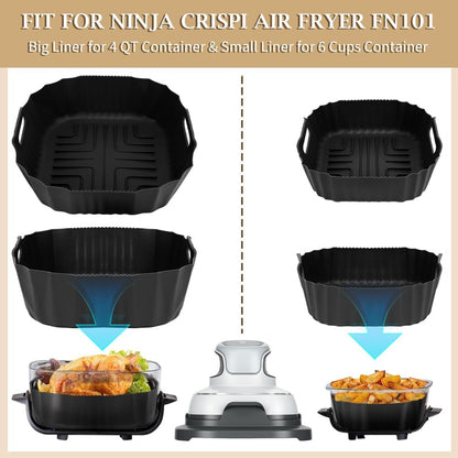 YQL 2PCS Silicone Air Fryer Liners for Ninja Crispi FN101 Air Fryer, Non-Stick Reusable Accessories Basket for Portable Glass Air Fryer, Big Liner for 4 QT Container & Small Liner for 6 Cups Container