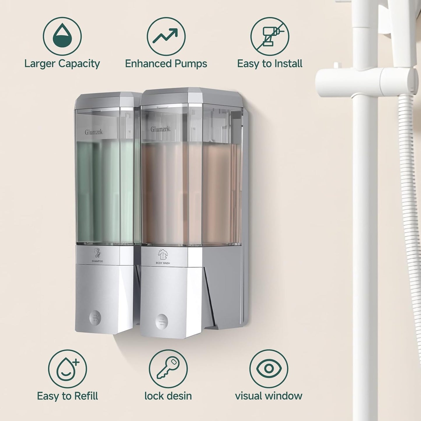Shampoo and Conditioner Dispenser 3 Chamber No Drill Shower Soap Dispenser Wall Mounted Shampoo Conditioner Body Wash Dispenser 3 * 500ml Refillable Shower Dispenser for Bathroom Hotel, Silver