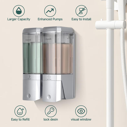 Shampoo and Conditioner Dispenser 3 Chamber No Drill Shower Soap Dispenser Wall Mounted Shampoo Conditioner Body Wash Dispenser 3 * 500ml Refillable Shower Dispenser for Bathroom Hotel, Silver