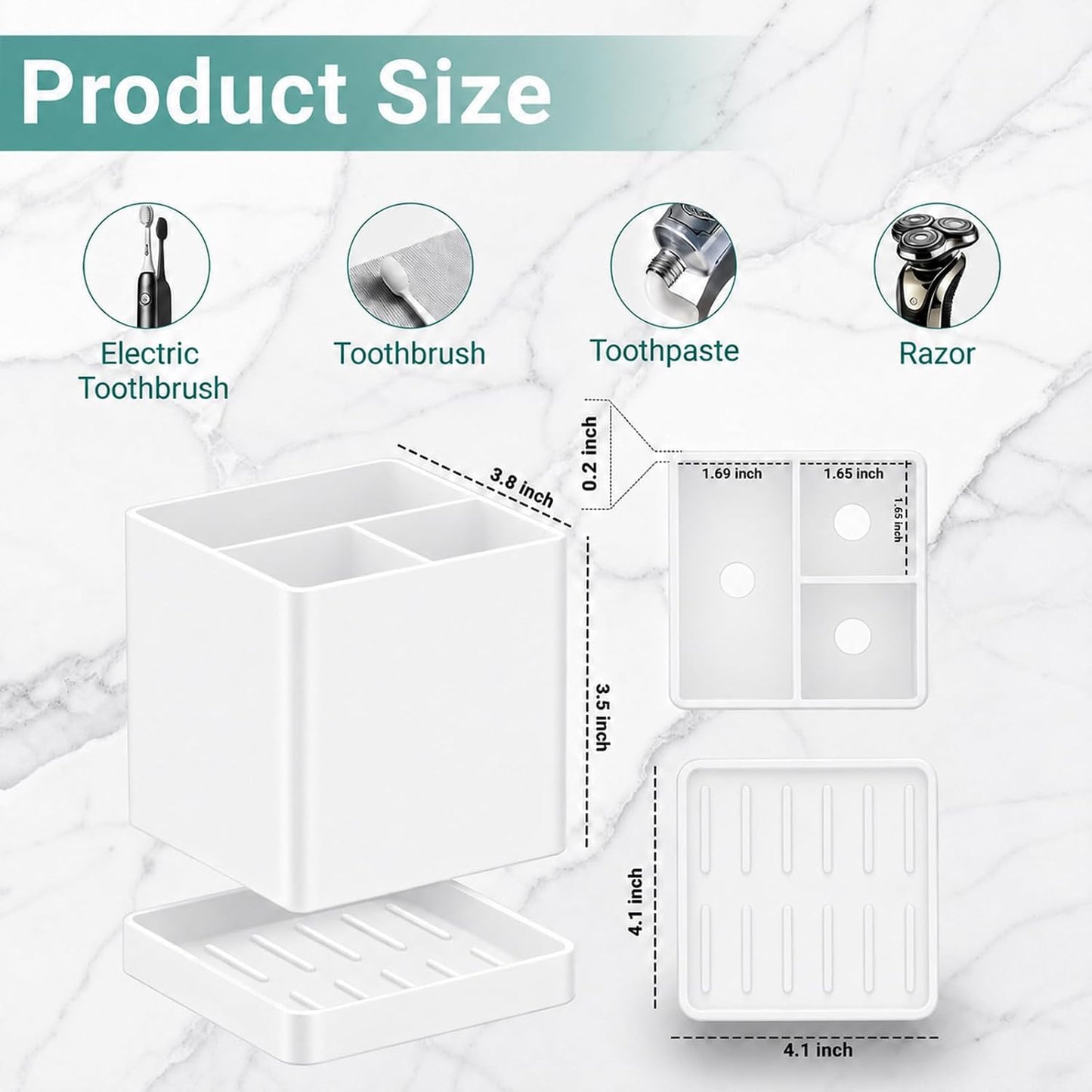 Silicone Toothbrush Holders for Bathrooms with Drainage Tray, White Marble | 3 Slots Unbreakable Countertop Electric Tooth Brush and Toothpaste Holder Organizer Stand, Marble Bathroom Accessories Decor