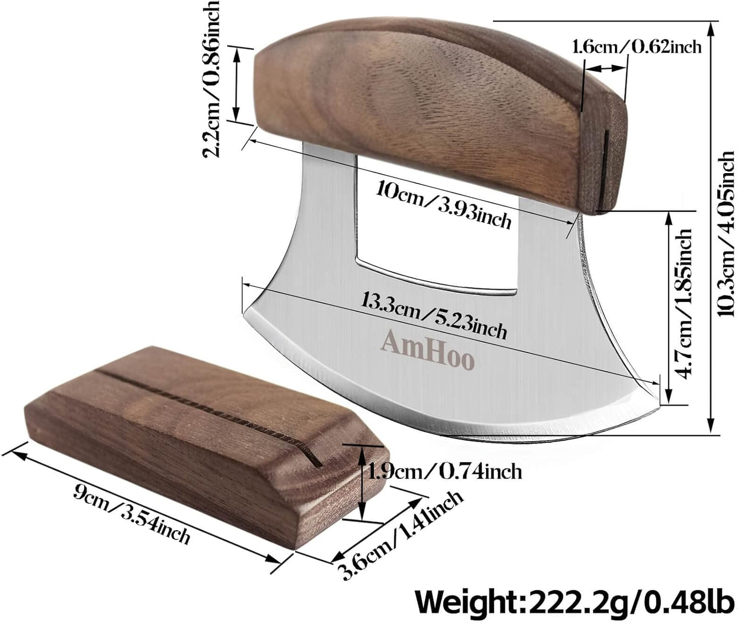 Pizza Cutter Chef Mezzaluna Ulu Knife Handle Color Wood Grip Sharp Rocker Slicer Stainless Steel Blade Salad Onion Vegetable Chopper with Holder Base Christmas Gifts