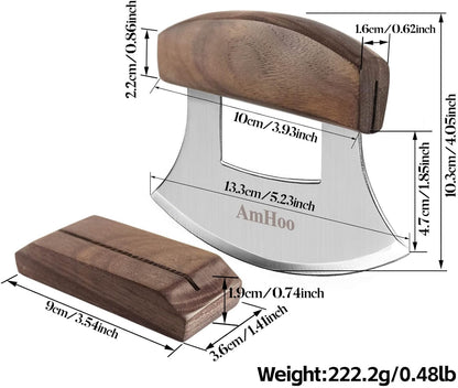 Pizza Cutter Chef Mezzaluna Ulu Knife Handle Color Wood Grip Sharp Rocker Slicer Stainless Steel Blade Salad Onion Vegetable Chopper with Holder Base Christmas Gifts