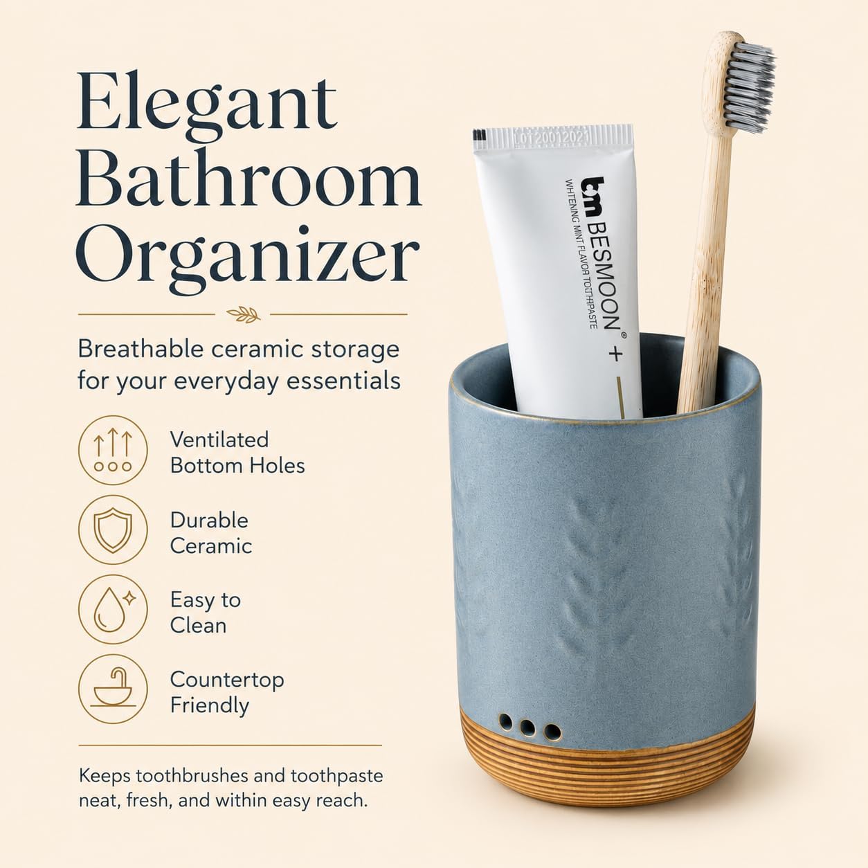 LYEOBOH Ceramic Toothbrush Cup, Cute Toothbrush Holder with Drainage White | Farmhouse Toothbrush Container, Countertop Toothbrush Organizer, Toothbrush Storage for Bathroom Vanity & Countertop