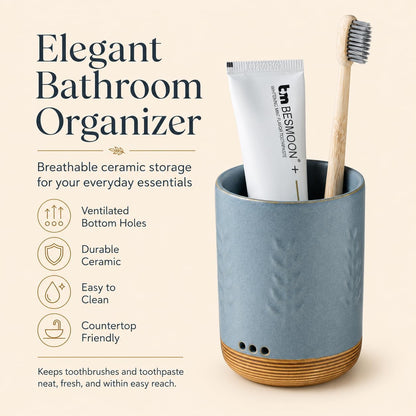 LYEOBOH Ceramic Toothbrush Cup, Cute Toothbrush Holder with Drainage White | Farmhouse Toothbrush Container, Countertop Toothbrush Organizer, Toothbrush Storage for Bathroom Vanity & Countertop