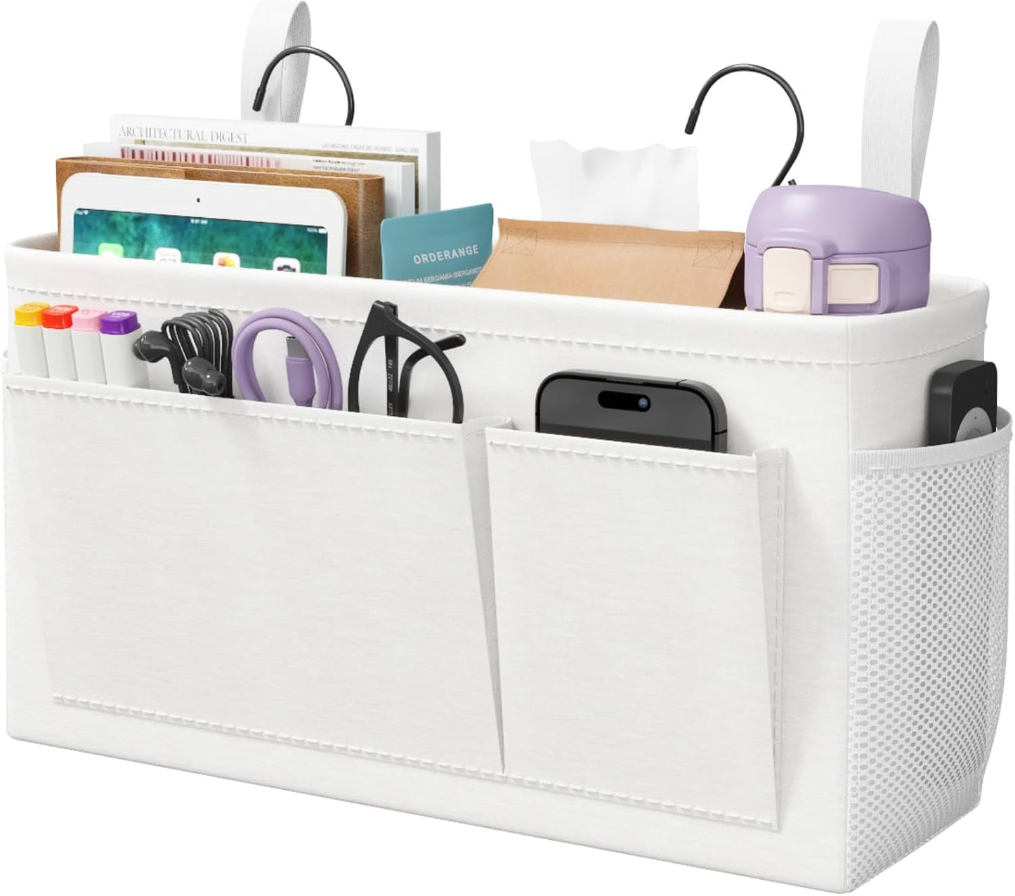 Lifewit Bedside Caddy Storage Organizer, Hanging Storage Bag with Fixed Straps, Book Remotes Holder for Home, College, Dorm, Bunk, Hospital, Crib Bed Rails, White