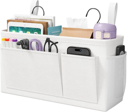 Lifewit Bedside Caddy Storage Organizer, Hanging Storage Bag with Fixed Straps, Book Remotes Holder for Home, College, Dorm, Bunk, Hospital, Crib Bed Rails, White