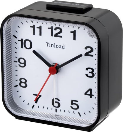 Tinload Small Battery Operated Analog Travel Alarm Clock Silent Non Ticking, Gentle Wake, Ascending Beep Sounds, Snooze,Lighted on Demand, Easy Set(Black)