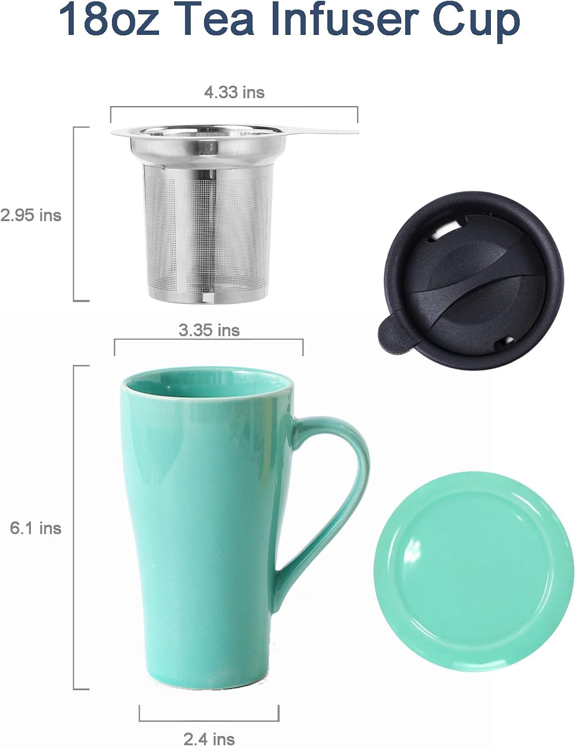 Tea Cup with Infuser and 2 Lids, 18oz Large Tea Infuser Mug, Tea Strainer Cup for Loose Leaf, Travel Mug with Teabag Holder (Royal Blue)