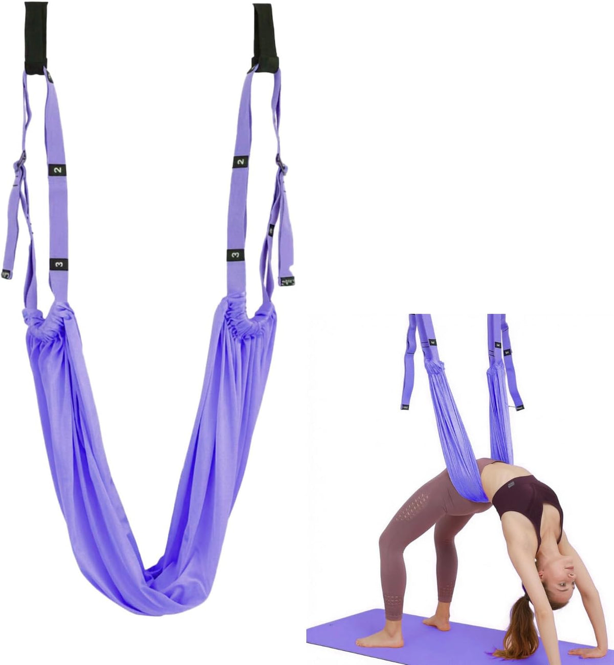 Door Aerial Hammock Swing - No Drilling Over Door Yoga Stretch Straps for Stretching, Inversion Pilates Kit, Anti-Gravity Home Workout - Pink/Purple