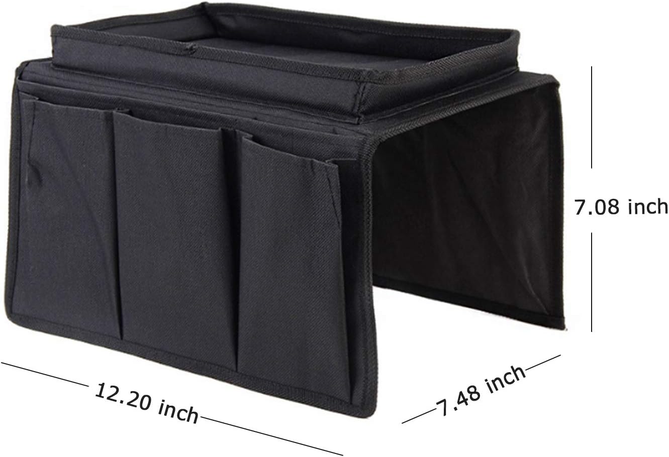 Sofa Armrest Organizer, Couch TV Remote Storage Organizer with Pockets for Recliner Armchair Snacks Glasses Smartphone Magazines Pouch (Black)