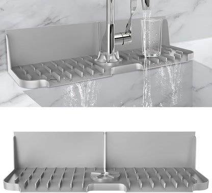 17” x 5.5” Silicone Faucet Handle Drip Catcher Tray Mat, Silicone Faucet Mat Dish Soap Sponge Holder for Kitchen Sink, Drying Mat for Kitchen Counter Bathroom Kitchen Sink Splash Guard - Black