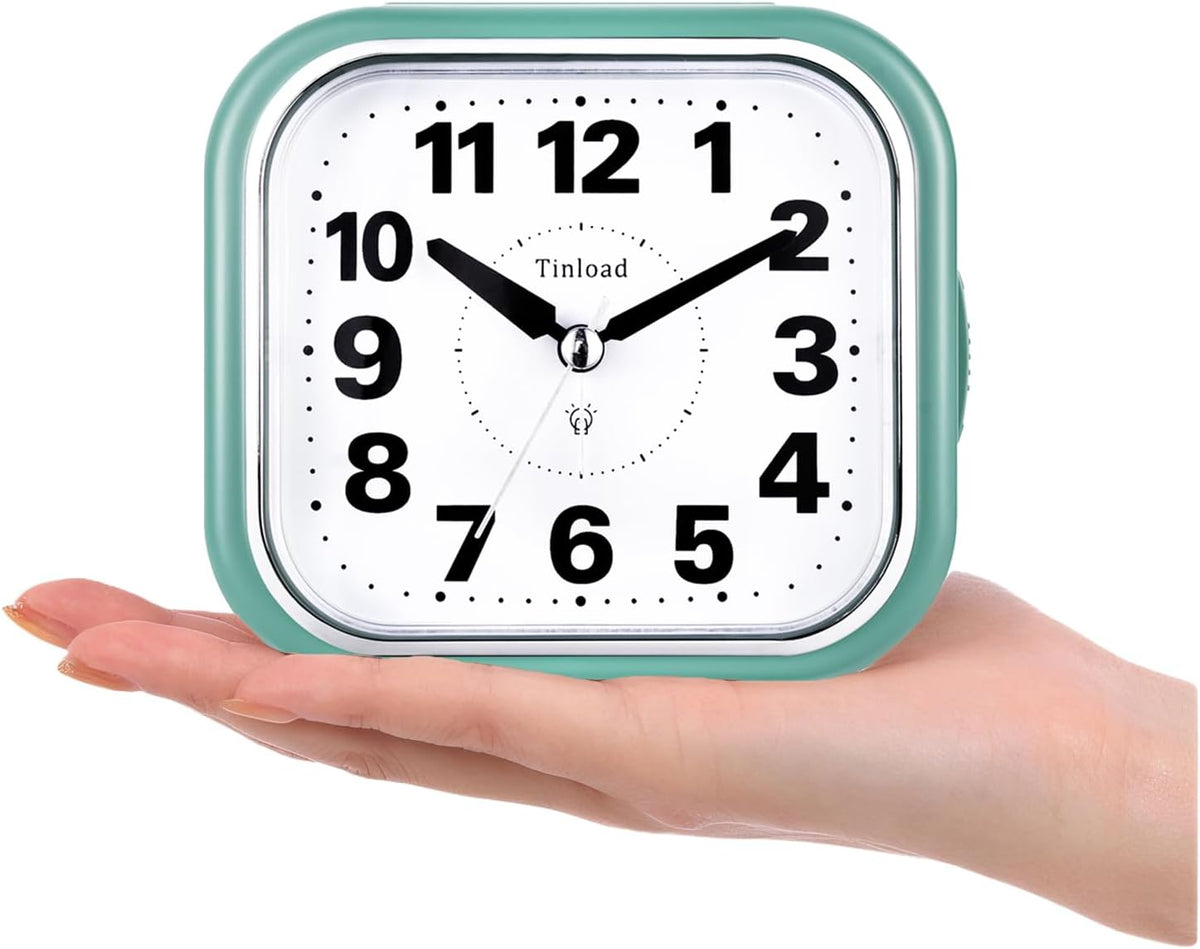 Tinload 4.3" No Ticking Analog Alarm Clock,Silent Readable for Seniors,Easy to Set,Gradual Rise Alarm,Big Numbers,On/Off Switch on Side,Gentle Wake,Snooze,Lighted on Demand,Battery Operated,Black