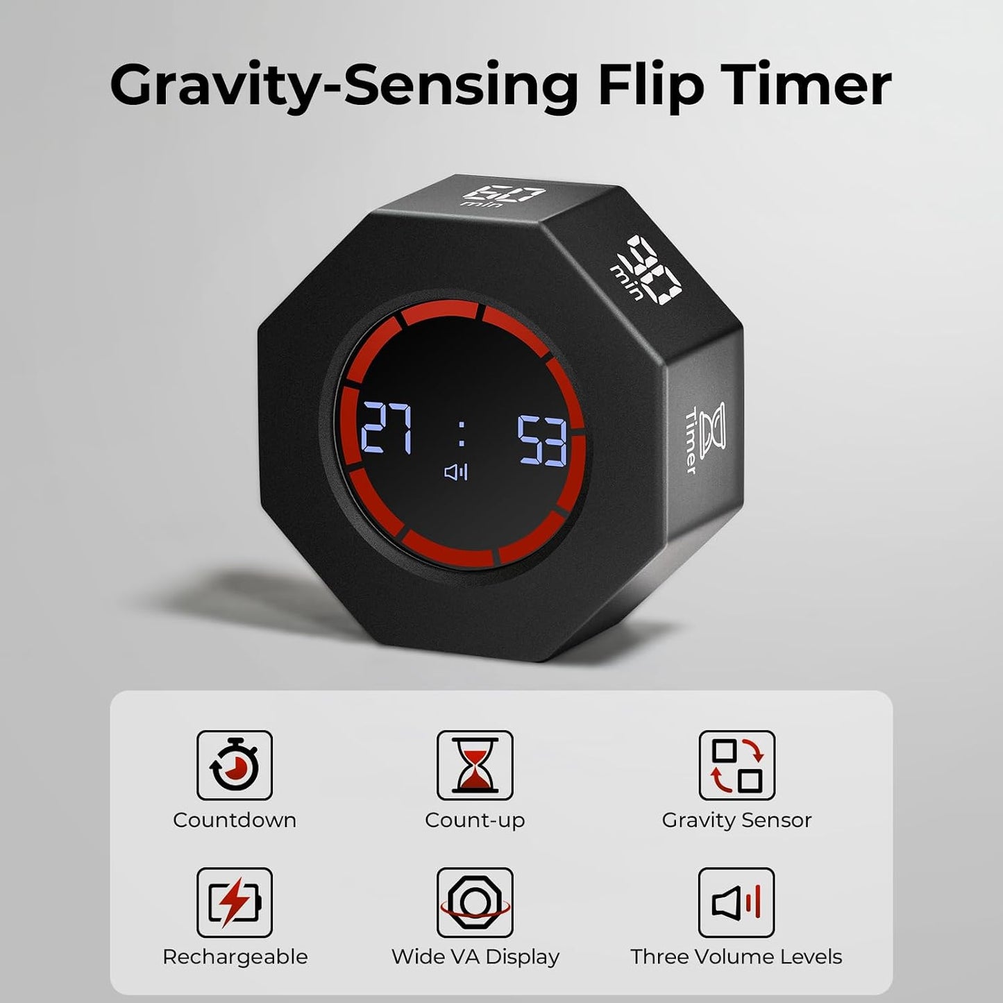 Rechargeable Pomodoro Timer, Small Gravity Timer (Space Gray) | Seven Preset Flip Times (1/3/5/15/30/60/90 min) and Count-Up Mode: Digital Kitchen Timer for Cooking, Work, and Study