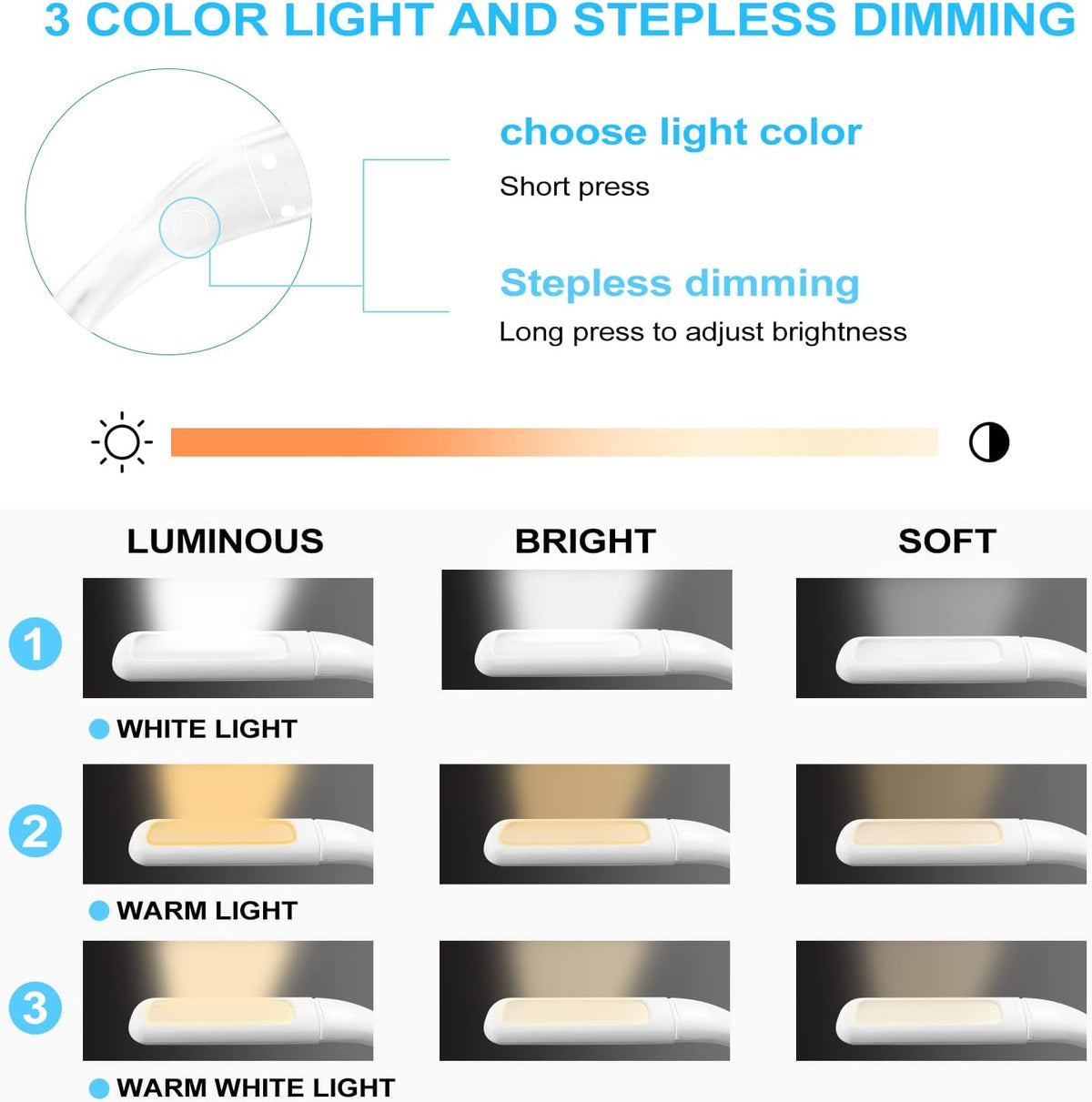 LED Neck Reading Light for Books: 3 Color Adjustable Bendable Arms Black