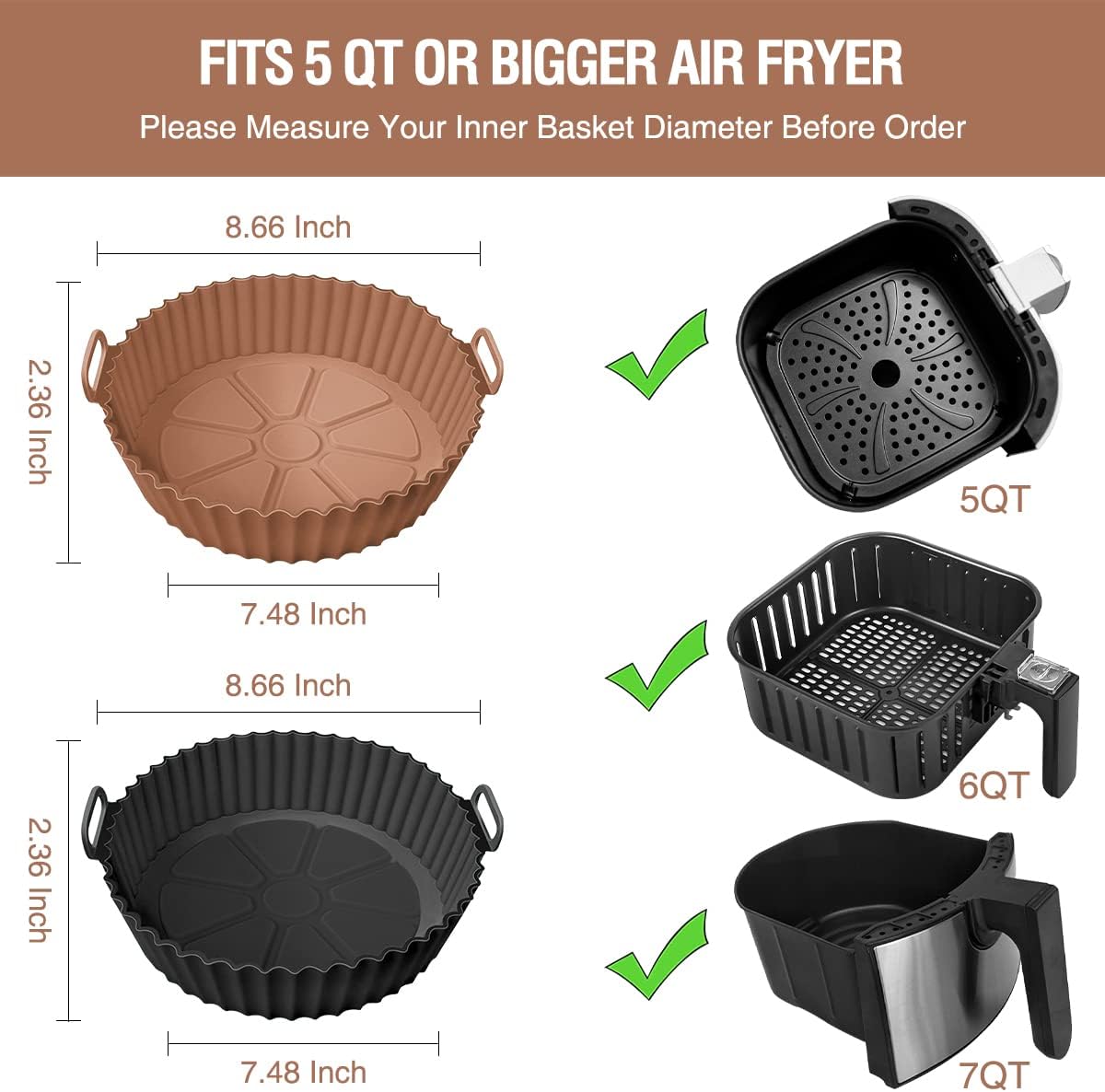 2 Pack Air Fryer Silicone Liners Pot for 3 to 5 QT, Basket Bowl, Replacement of Flammable Parchment Paper, Reusable Baking Tray Oven Accessories, Red+Blue, (Top 8in, Bottom 6.75in)