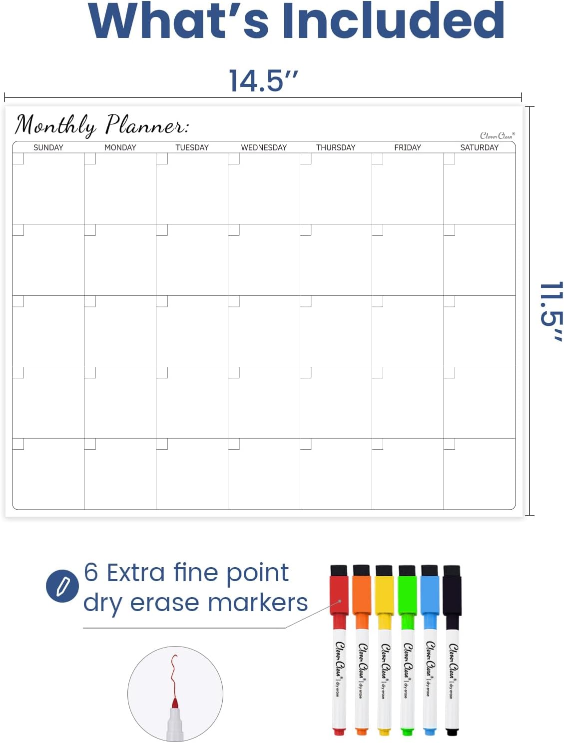 Non-Magnetic Dry Erase Calendar Set for Fridge - Reusable Monthly and Weekly Calendar Sticks to Most Smooth Surfaces - 6 Dry Erase Markers Included - Shipped Flat