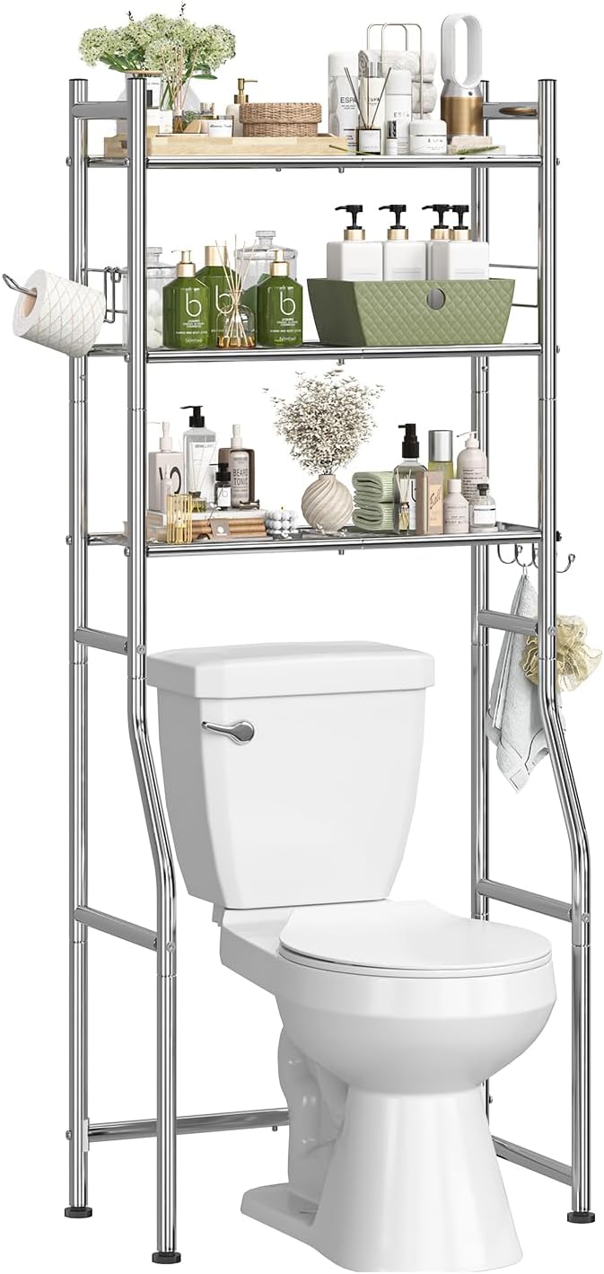 Simple Trending Over The Toilet Storage Cabinet, Metal Bathroom Shelf Organizer with Paper Holder and Hooks, 3 Tier, Black