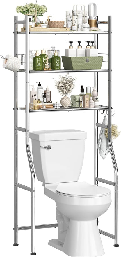 Simple Trending Over The Toilet Storage Cabinet, Metal Bathroom Shelf Organizer with Paper Holder and Hooks, 3 Tier, Black