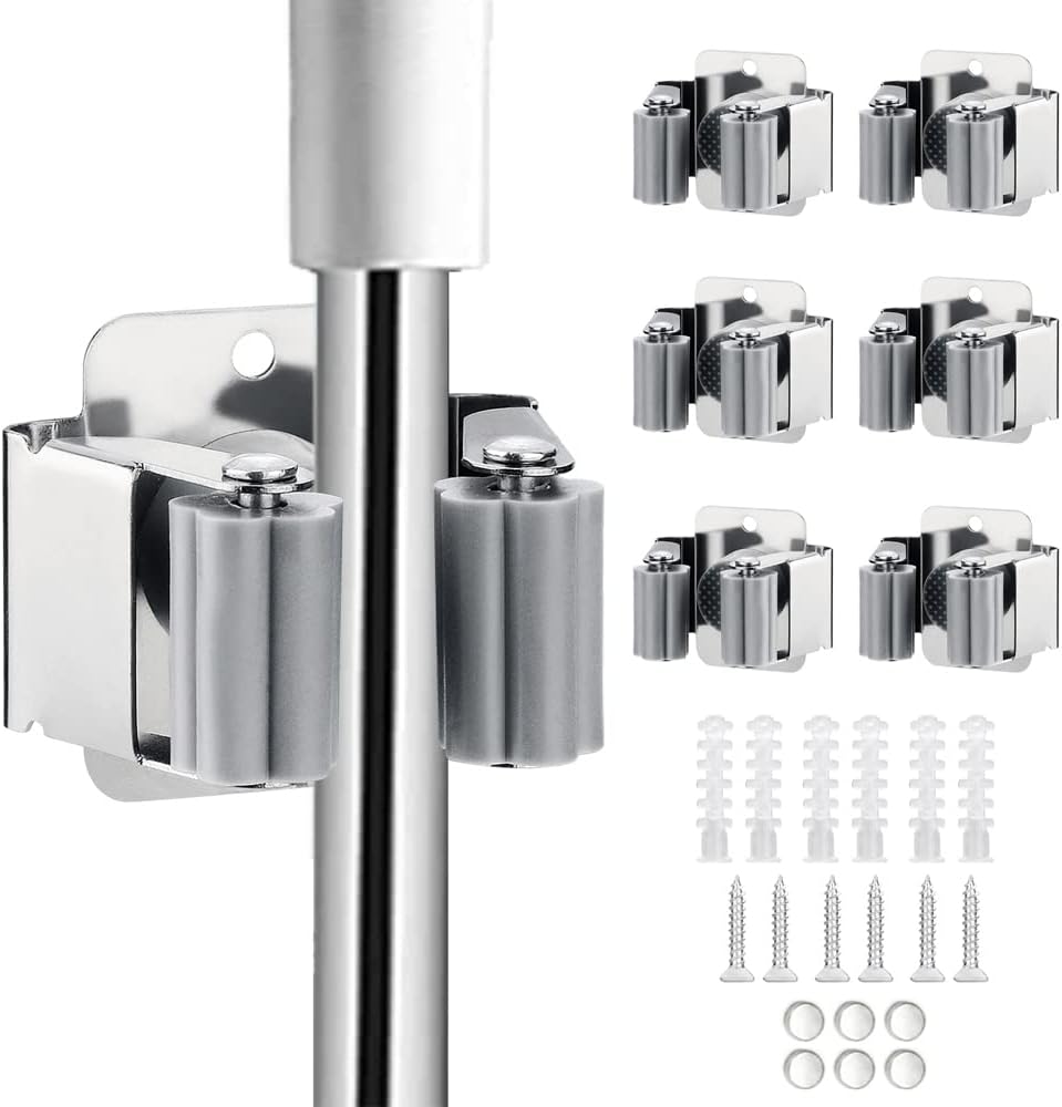 JAMEND CLXP 6PCS Broom and Mop Holder, Heavy Duty Garden Tool Organizer Rack Rake and Shovel Handle, Stainless Steel Mop Hanger. Screws for Wall Mounted. Matte Black
