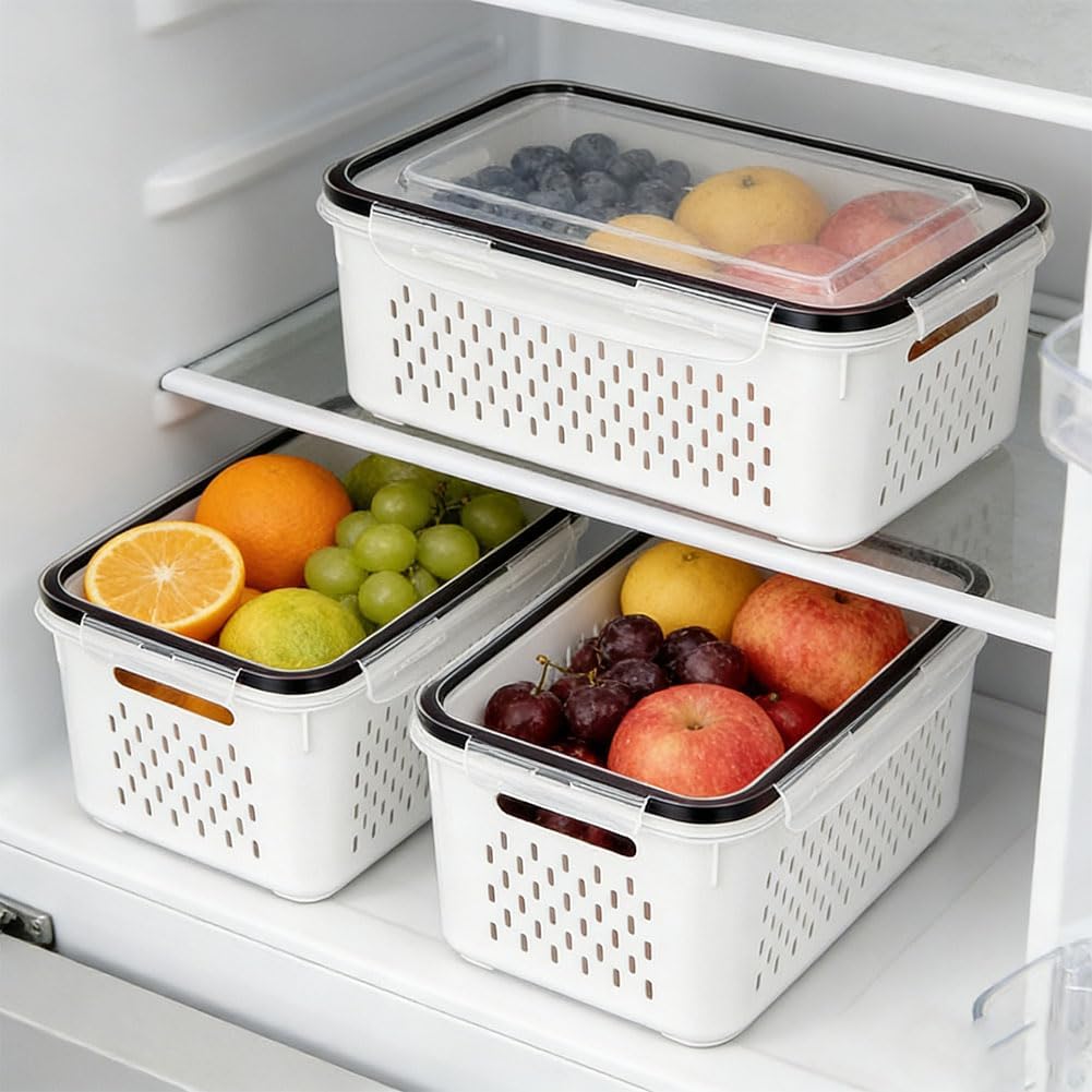 Fruit Storage Containers for Fridge with Removable Colanders, Household Transparent Plastic Food Storage Box-Including Drain Basket, 4 in 1 Food Storage Container, Vegetable Storage (Gray, S+M+L)