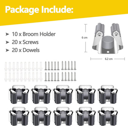 Verdenu 10 Pack Broom Holder Wall Mount, Mop Holder Wall Mounted, Stainless Steel Command Broom Holder with Screws, Garden Tool Rack Wall Mount for Kitchen, Home, Bathroom, Garage Storage, Black