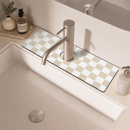 Light Brown White Checkered Kitchen Sink Splash Guard Faucet Mat,Faucet Non-Slip Absorbent Mat,Farmhouse Sink Splash Guard Behind Faucet for Kitchen Bathroom, 15"x5.5"
