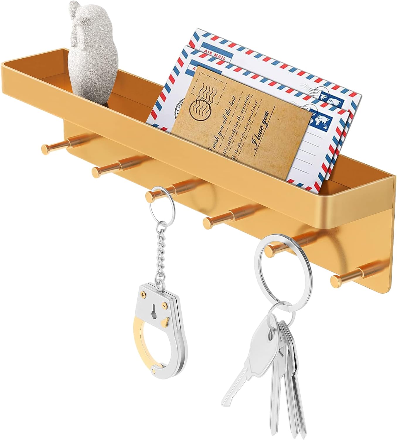 MKO Key Holder Wall Mount, Key Holder Wall Mount Adhesive with Mail Organizer Tray with 6 Key Hooks for Wall, Black | Metal Material, Key Rack with Shelf, Mail Organizer Tray for Entryway, Hallway, Living Room