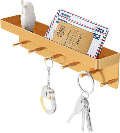 MKO Key Holder Wall Mount, Key Holder Wall Mount Adhesive with Mail Organizer Tray with 6 Key Hooks for Wall, Black | Metal Material, Key Rack with Shelf, Mail Organizer Tray for Entryway, Hallway, Living Room