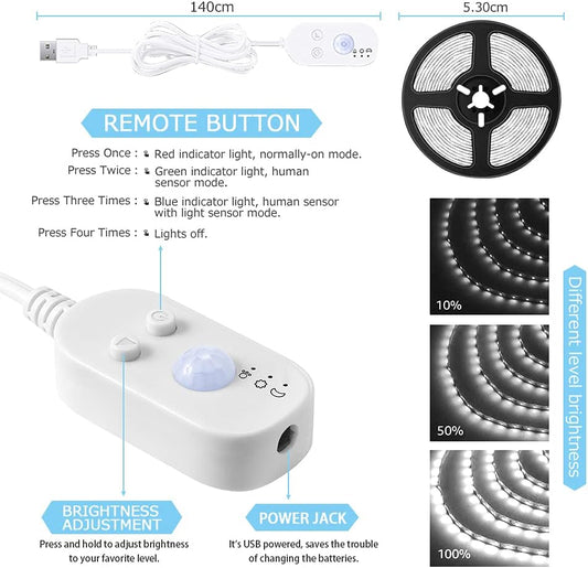 LED Light Strip Motion Sensor, USB Powered, Waterproof Rope Lights 6000K, Day and Night Modes Dimming, Indoor/Outdoor Use, Adhesive Tape 16.4ft