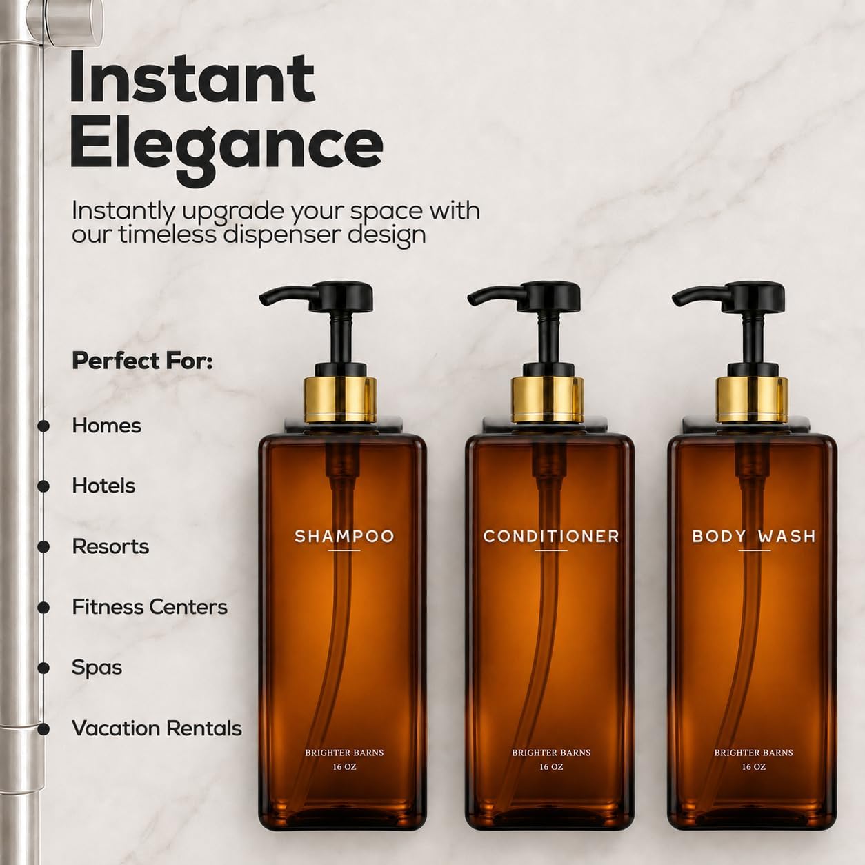 Clear Shampoo and Conditioner Dispenser Set Wall Mounted by Brighter Barns - Refillable Shower Soap Dispensers 3 Chamber No Drill - Plastic Shampoo, Body Wash and Conditioner Bottle for Hotels (Clear)