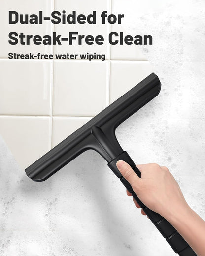 2-in-1 Silicone Shower Squeegee with Hook,Dual-Sided Design with Scraper & Scrub Surface,Rust-Proof Stainless Core,Streak-Free Bathroom Squeegee for Glass Doors,Mirrors,Windows,Car Windshields (Black)