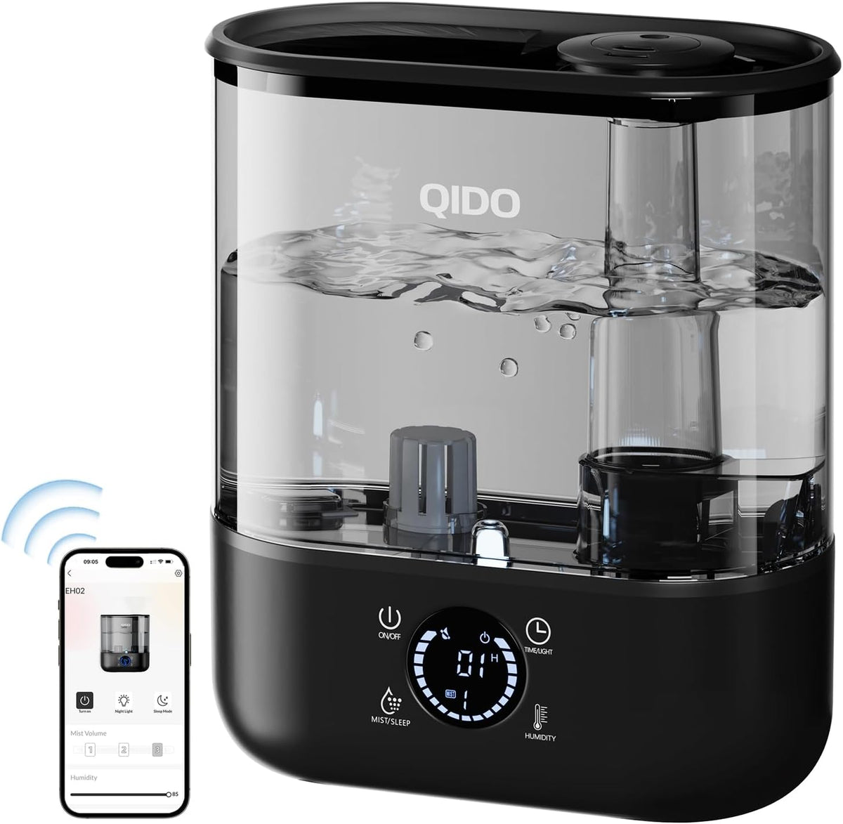 QIDO Top Fill Humidifiers for Bedroom, 5 L Cool Mist 36H Super Long Time, Quiet 28dB Essential Oil Diffuser for Baby & Plants, 3 Adjustable Mist with Touch/APP/7-color Nightlight, Auto Shut-off, White