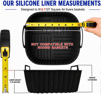 Reusable Silicone Air Fryer Liners 4 PCS Set | 2-Pack 8-Inch Square Liners with Tongs & Basting Brush | Compatible with Ninja AF141 AF181, COSORI & More | Food-Grade Accessories for 5–7 QT Baskets