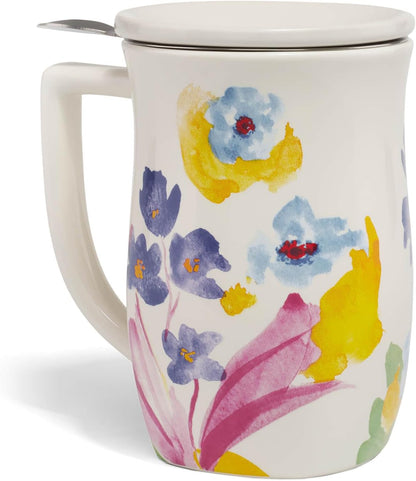 Tea Forte Ceramic Fiore Tea Cup with Infuser, Blue Agave, 14 oz | Insulated Ceramic - Stainless Steel Loose Leaf Infuser - Keeps Tea Hot Longer - Lid Included - Microwave & Dishwasher Safe